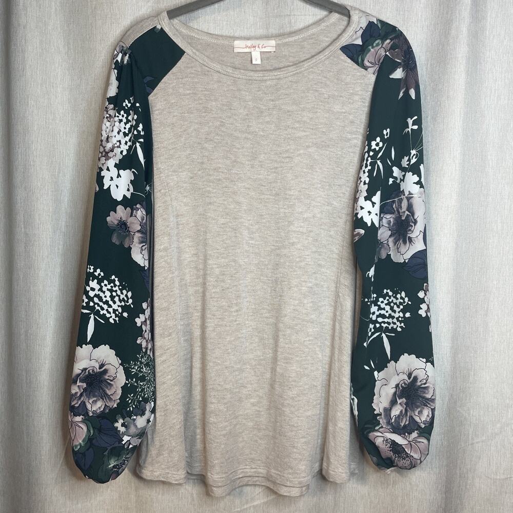 Hailey & Co -Mixed Material Long Sleeve Top - Beige w/Green Floral Sleeve -Small